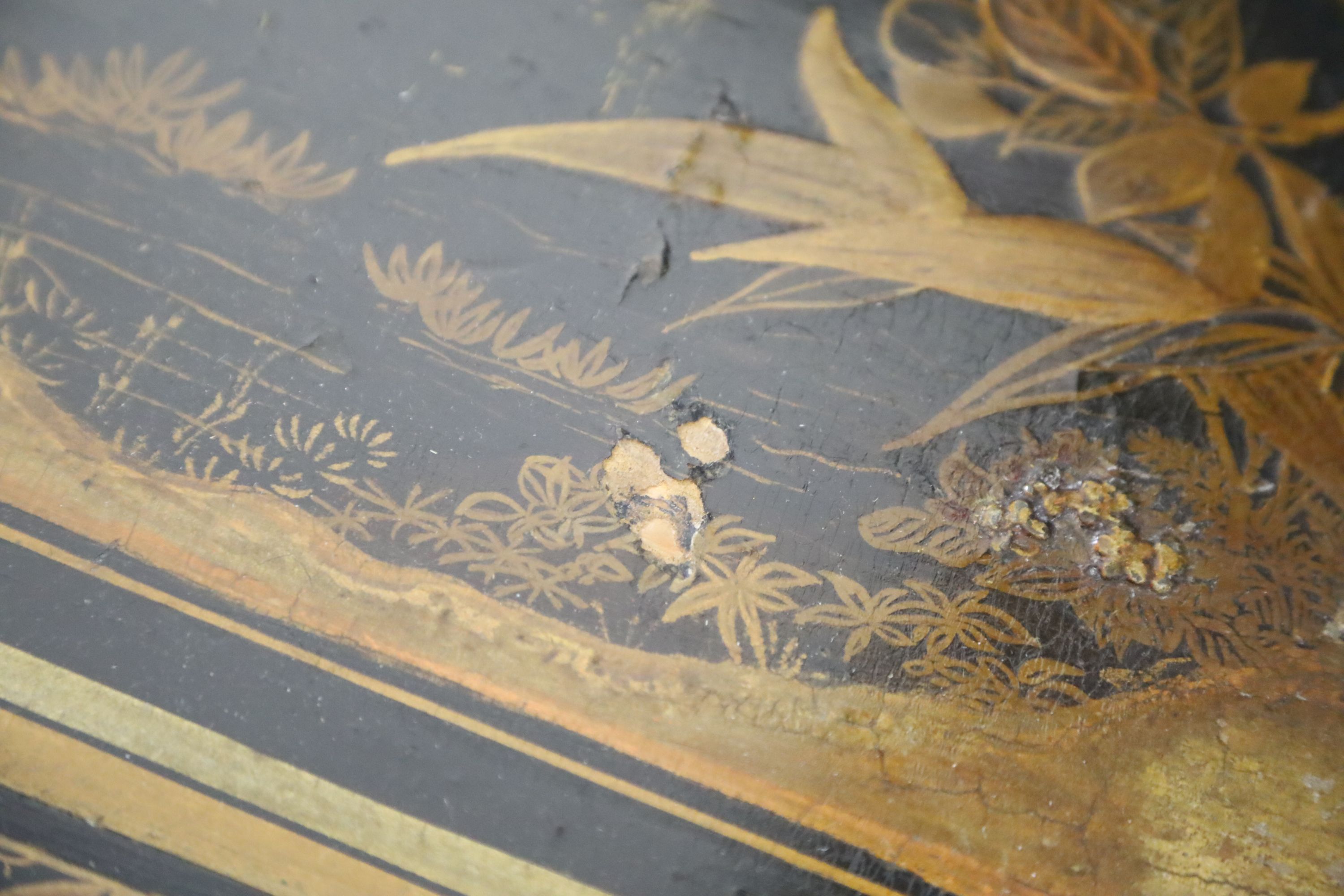 A pair of French brass and chinoiserie black lacquered two tier occasional tables, W.1ft 10in. D.1ft 7in. H.1ft 11in.